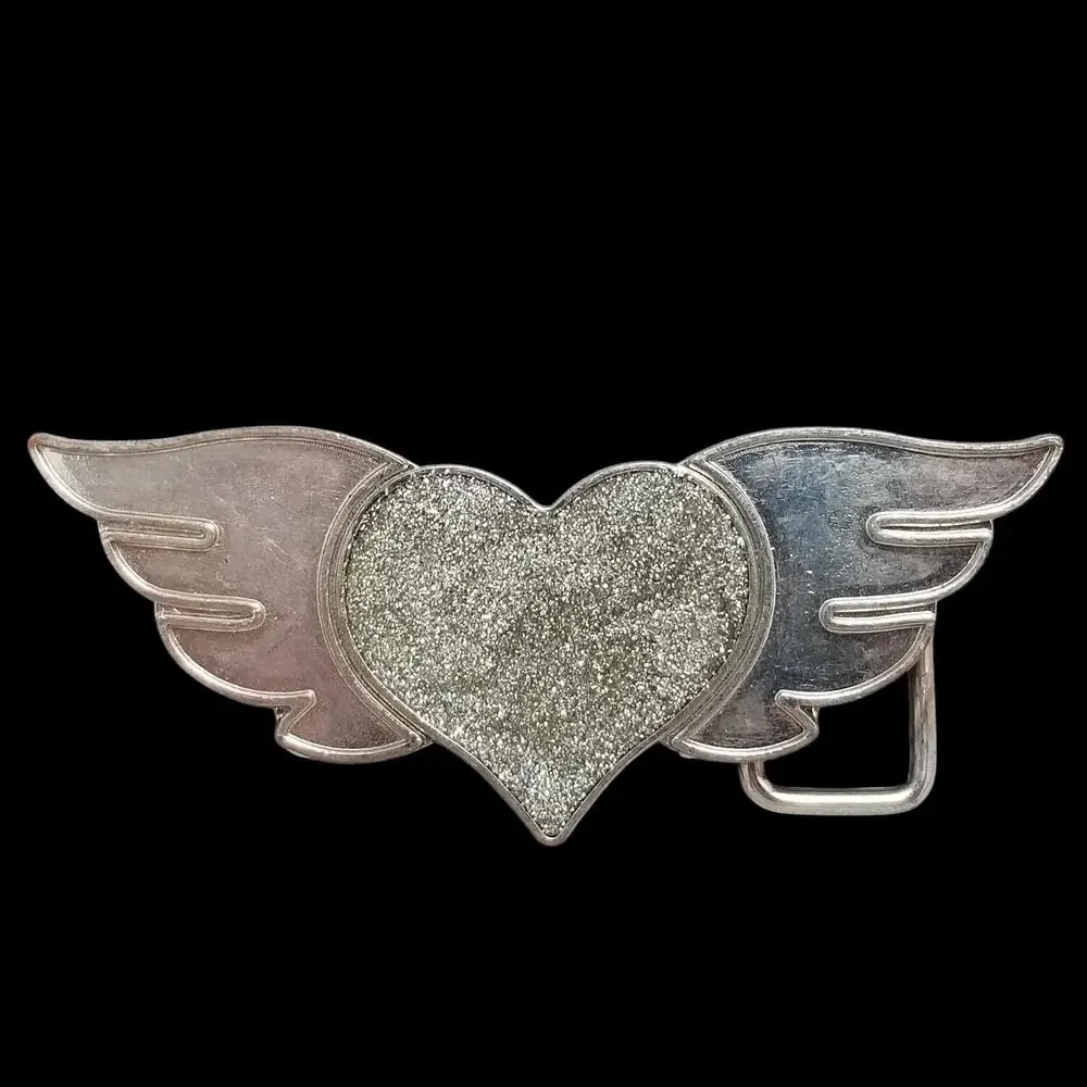 Vintage Belt‎ Buckle Heart With Wings Silhouette Cutout Silver Color